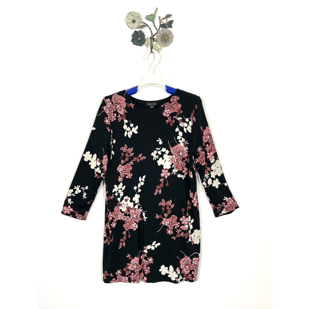 J.Jill Wearever Jersey Tunic Top Black Pink Botanical Floral Size Small